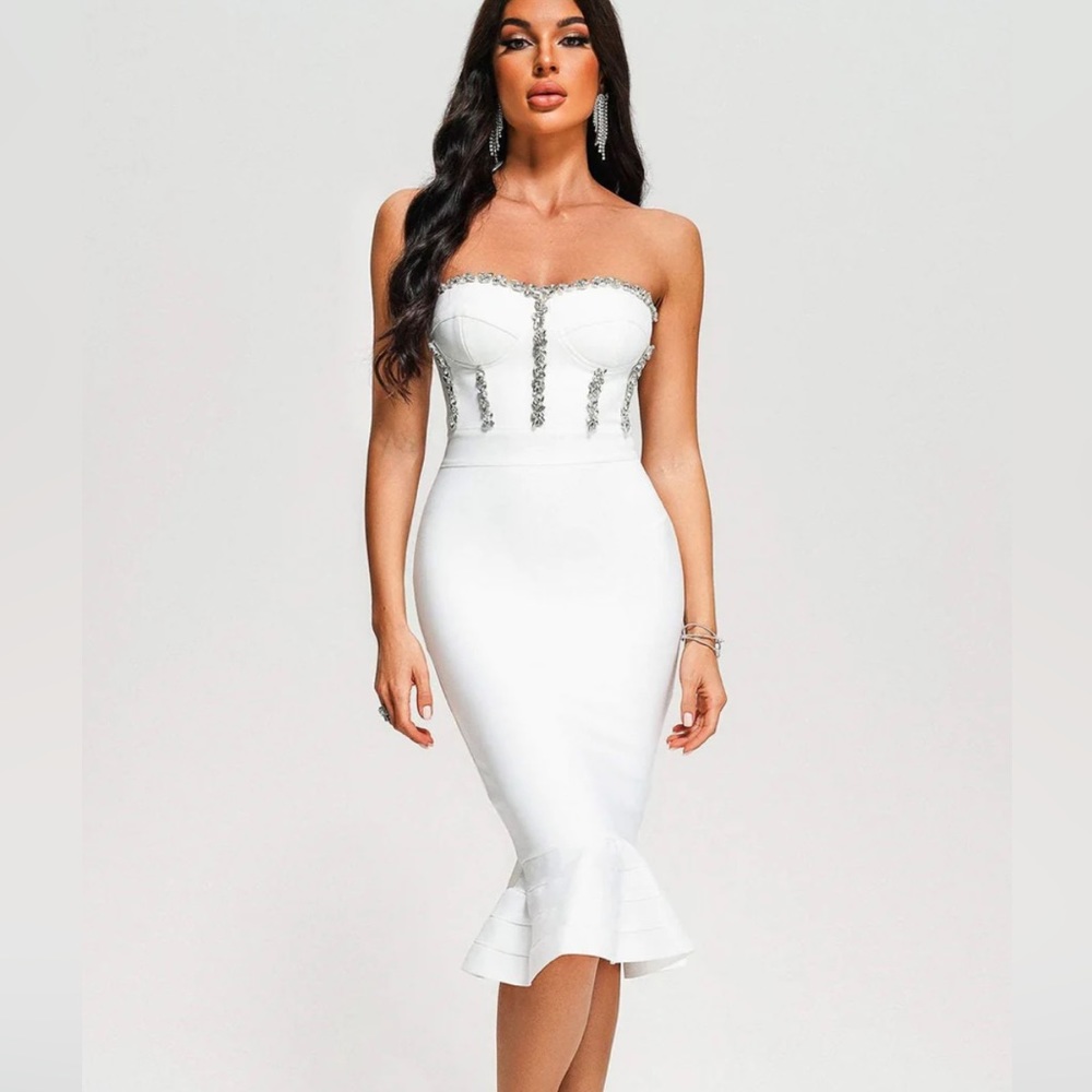 Sexy Strapless Crystal Mermaid Hem Tube Cocktail Party Midi Dress